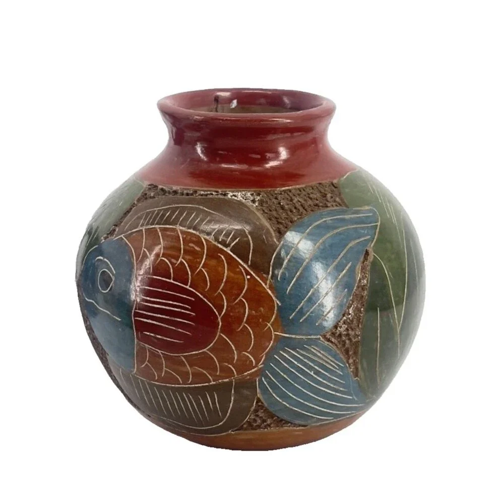 Nicaraguan Small Vase Carved Pottery Ceramic Central American Fish Theme Deco